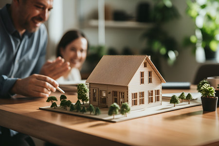 People discussing new house construction, working together, making deal with realtor, buying new house in a architect studio. AI generative.の素材