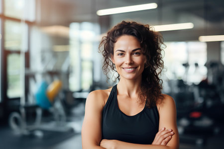 Portrait of a female personal trainer with folded arms in a modern gym. AI generative.の素材