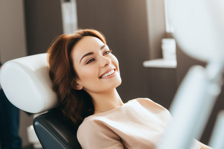 Smiling and satisfied patient woman in dental office after treatmentの素材