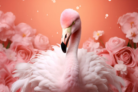 Pink and white Flamingo with flowers decoration on pink background. AI generative.の素材