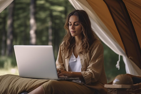 Young woman freelancer working online using laptop sitting in forest campの素材