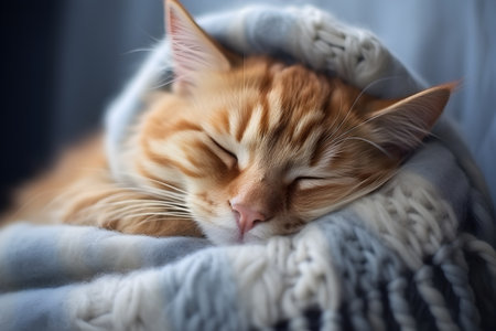 Cute ginger kitten sleeping on blue soft knitted blanket. Cats rest napping on bed.Cold weather. generative AIの素材