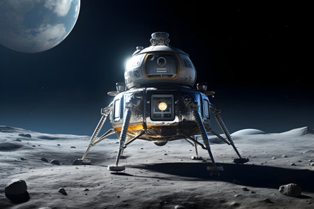 Spaceship lands on the surface of the moon, space expedition to the planet or satellite.の素材