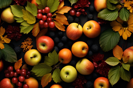 Autumn fruit and garden harvest background, flat lay. Generative AIの素材