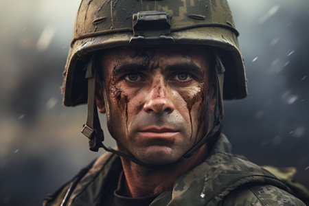Dramatic Portrait of young male soldier. Man and woman in military uniform on the warの素材