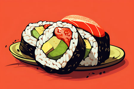 Japanese Seafood Cuisine Concept Sushi Roll Salmon Rice Minimal Style. AI generative.の素材