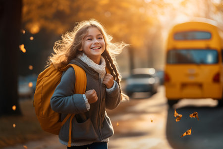 Smiling pupil girl with school backpack going to school from school bus. AI generative.の素材