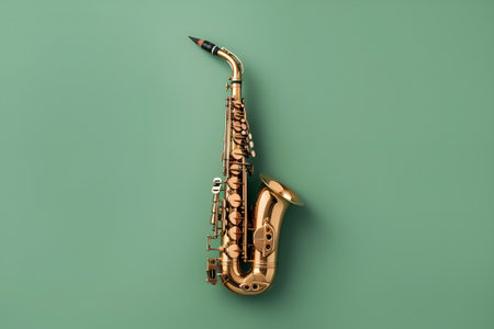 Saxophone - Golden alto saxophone on green background. Minimalism. Generative AIの素材