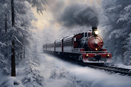 Winter postcard. Retro train goes through winter forest. Christmas timeの素材