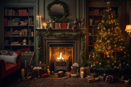 Christmas tree with vintage decorations near fireplaceの素材
