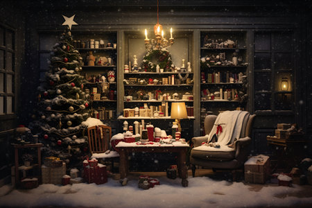 Christmas tree with vintage decorations near fireplaceの素材