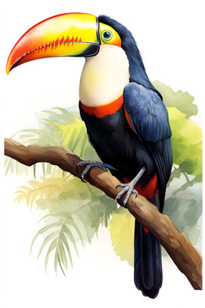 Toucan bird in tree branch on white isolated background.の素材