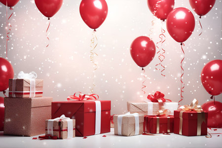 3D interior with white, red, balloons and gift boxes. Party or promotion bannerの素材