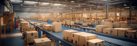 Warehouse, package shipment, freight transportation and delivery concept, cardboard boxes on palletの素材