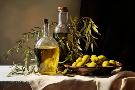 Bottle with virgin olive oil and olive fruit close upの素材