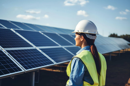 Woman engineer wearing hard hat at solar panels electric stationの素材
