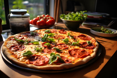 rustic italian pizza with mozzarella, cheese and basil leavesの素材