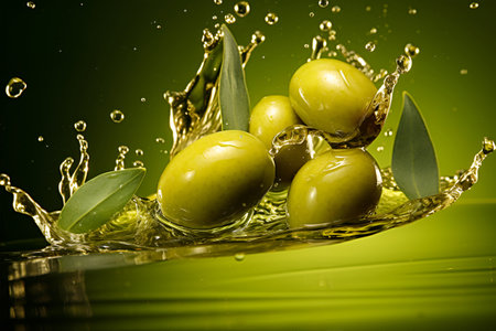 Olive oil with and leaves. Falling olives into oil with splashの素材