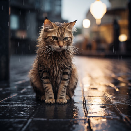 A sad, lonely abandoned homeless cat sits on a city street in the rain, in the eveningの素材