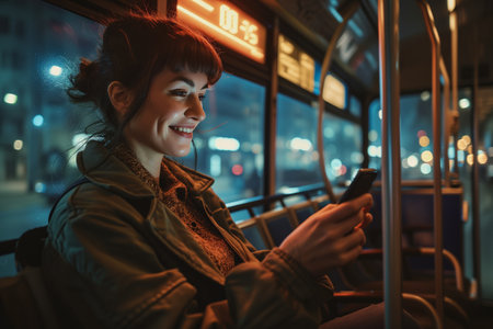 Caucasian female passenger sitting with smartphone in public transport in city at night.の素材