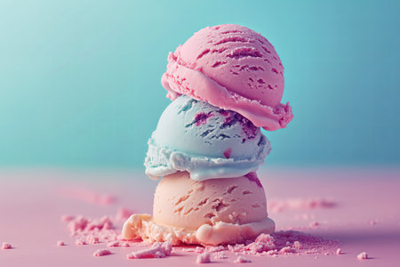 Three Ice cream colored balls with different flavors on blue pink background.の素材