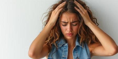 Young woman is suffering from a headache on light color background. Studio shotの素材