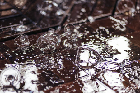 Broken glass on the floor. Shallow depth of field.の写真素材
