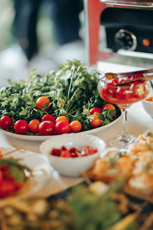 catering wedding buffet food indoor in luxury restaurant with meat colorful fruits and vegetables