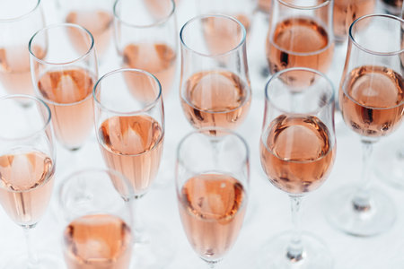 Glasses with red and pink wine, outdoor wedding buffet, white tableの写真素材