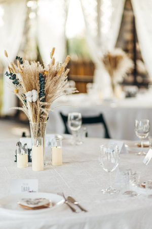 Detail of a wedding dinner setting, summer eventの写真素材