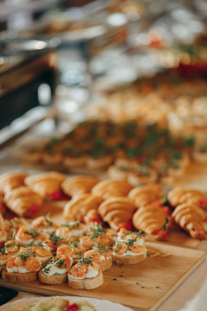 Shrimps canape sandwich on wooden board