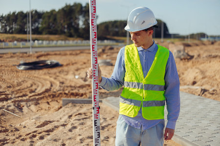 Worker is unfolding leveling rod on construction site.