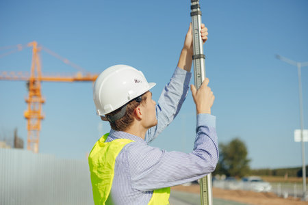 Worker is unfolding leveling rod on construction site.