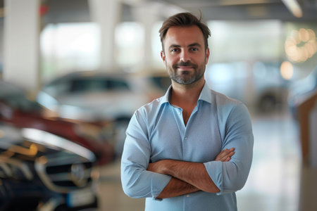 Cropped portrait of a handsome young male car salesman working on the showroom. Happy salesperson standing in a car showroom looking at camera.の素材