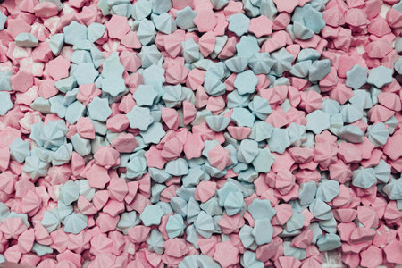 Industrial production of sweeties. Light pink and mint marshmallows background, sugar confettiの写真素材