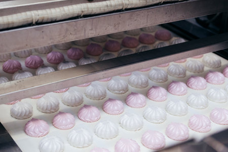 Sweets or Food factory production line. Zephyr and marshmallows or cream roses manufactoryの写真素材
