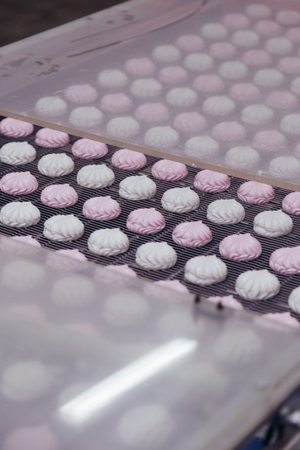 Sweets or Food factory production line. Zephyr and marshmallows or cream roses manufactory