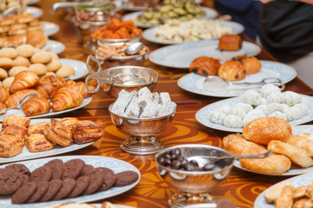 Traditional turkish desserts or local cuisine cultural tribe food on table for serve customers people taste eat and tasty drink in restaurantの写真素材