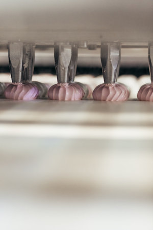 Confectionery factory. Zephyr and marshmallows production line machine, close-upの写真素材