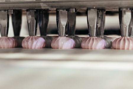 Confectionery factory. Zephyr and marshmallows production line machine, close-upの写真素材
