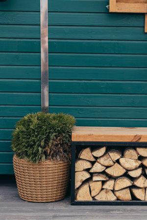 Heating the house. Firewood for fireplace and stove. Big stumps. Rural street. A pile of wooden logs. Woodshed outside. Rural landscape. Sawn trees.の写真素材