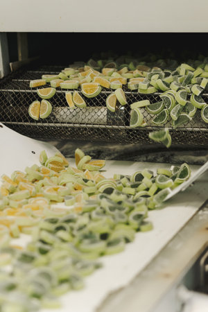 Production of lime and lemon shape jelly pieces on conveyor line of factory. Food manufacture marmalade.の写真素材