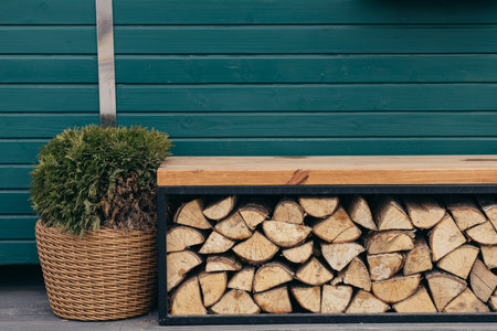 Heating the house. Firewood for fireplace and stove. Big stumps. Rural street. A pile of wooden logs. Woodshed outside. Rural landscape. Sawn trees.の写真素材
