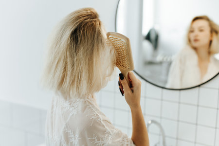 Back view of beautiful young woman in white undershirt combing her hair and smiling while looking into the mirror in bathroomの写真素材