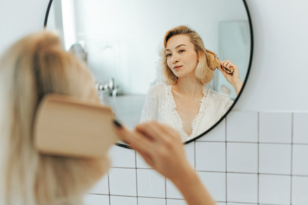 Back view of beautiful young woman combing her hair and smiling while looking into the mirror in bathroomの写真素材