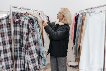 Young Caucasian Blonde Woman Standing between the Rails with Shirts and t-shirtsの写真素材