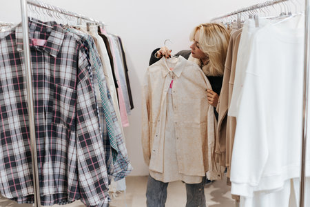 Young Blonde Woman Standing between the Rails with Shirts and t-shirtsの写真素材
