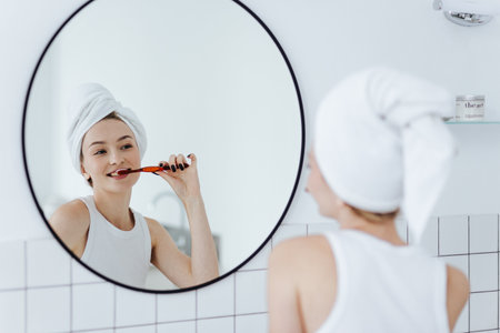 Blonde woman with a white towel on her head brushes her teeth in front of a round mirror in a white bathroom.の写真素材