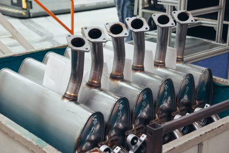 Galvanized steel car muffler with exhaust pipes in batch for assembling on automotive industry