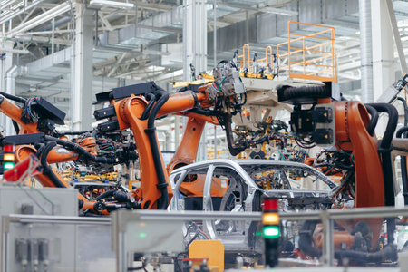 Automotive production line. Robotic Welding car body. Modern car Assembly plant